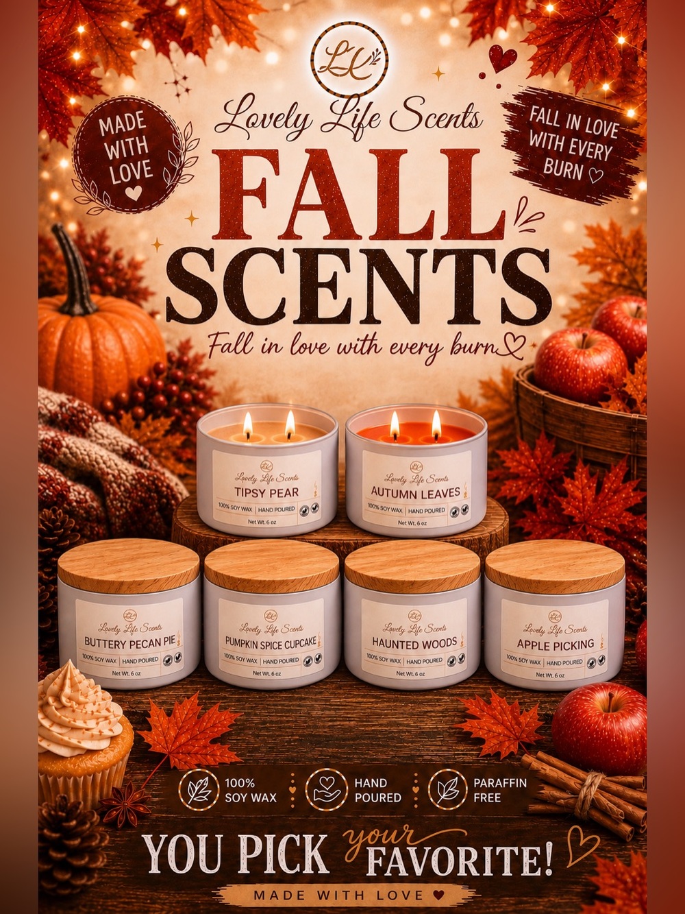 Hand Crafted 6 oz Double Wick Premium Soy Fall Candles Lovely Life Scents